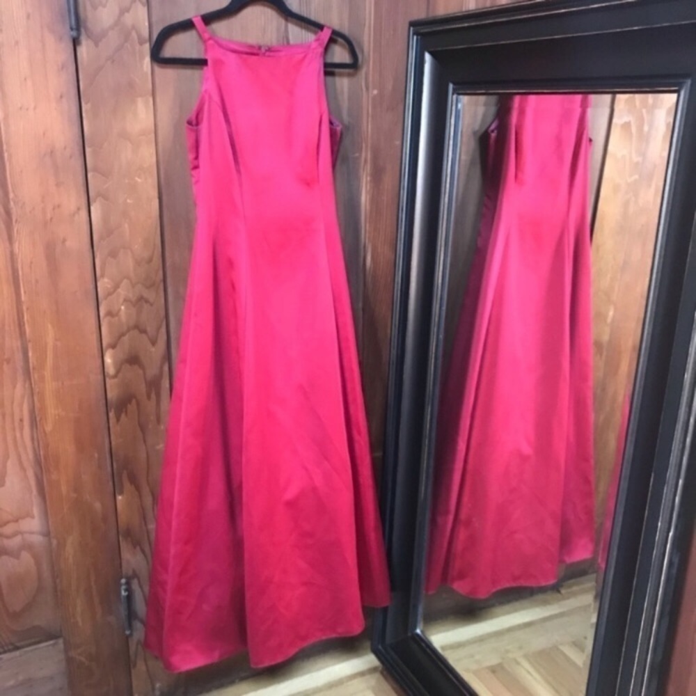 BETSY & Adam High Neck Crimson Red Ball Gown